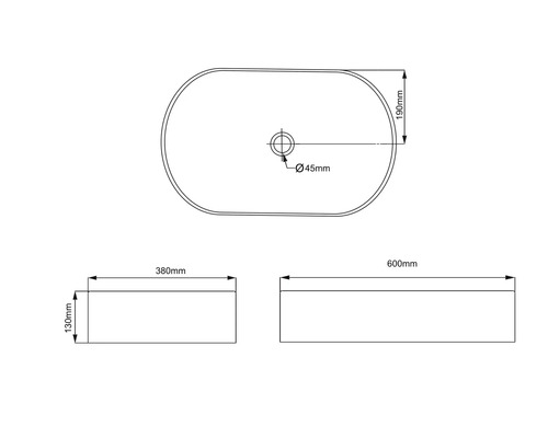 Teknisk ritning av en tvättställsskål med måttangivelser