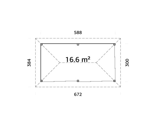 Planritning med måtten 672 x 384 centimeter, takytan är 16.6 kvadratmeter