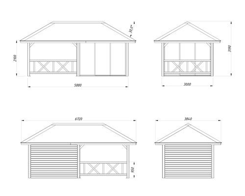 Teknisk ritning av en paviljong med mått