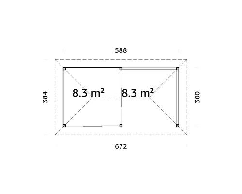 Ritning av ett trädgårdshus med måtten 384 x 588 cm och 300 x 672 cm, vardera 8,3 kvadratmeter