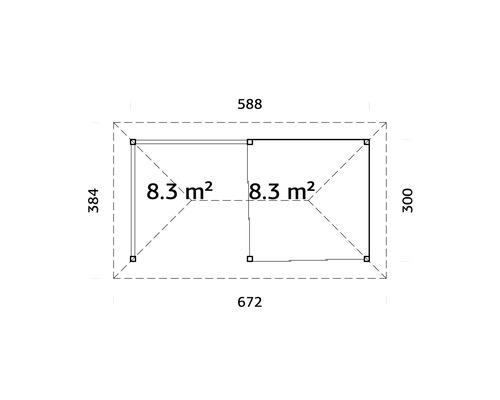 Planritning för ett trädgårdshus med måtten 672 x 588 och två rum på 8,3 kvadratmeter vardera