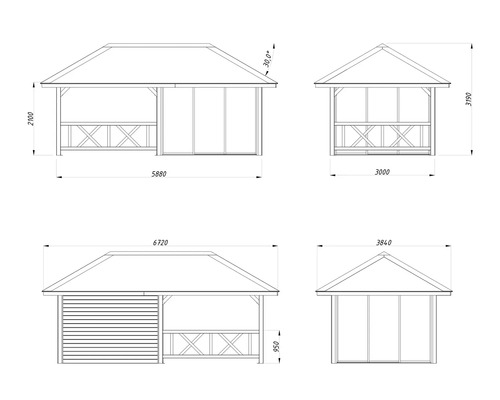 Teknisk ritning av en paviljong med dimensioner