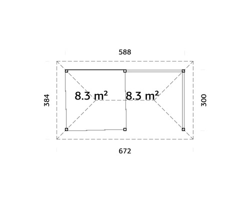 Planlösning med måtten 384 x 672 x 588 x 300 och en yta på 8,3 kvadratmeter
