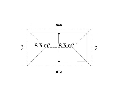 Planritning av ett trädgårdshus med måtten 672 x 384 x 588 x 300 centimeter och en yta på 8,3 kvadratmeter