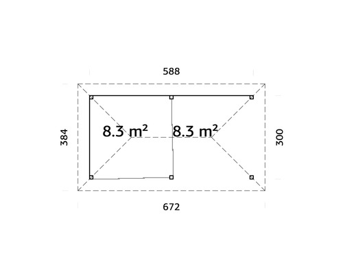 Ritning med mått: 672 x 384 cm och 588 x 300 cm, vardera 8,3 kvadratmeter
