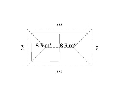 Planritning av ett trädgårdshus med måtten 672 gånger 384 centimeter och 588 gånger 300 centimeter samt en yta på 8,3 kvadratmeter.