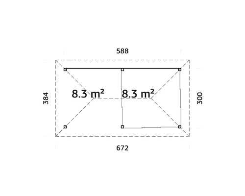Ritning av en trädgårdsstuga med måtten 672 x 384 centimeter och 588 x 300 centimeter, och en yta på 8,3 kvadratmeter per rum.