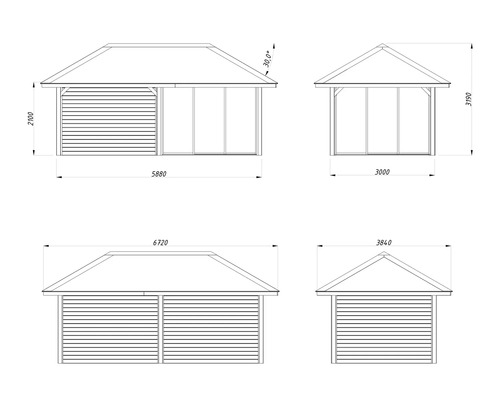 Teknisk ritning av ett trädgårdshus med mått