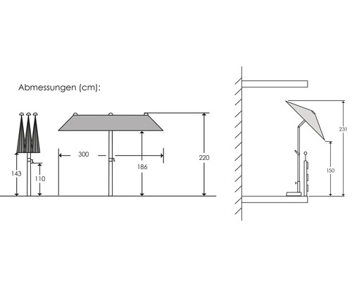 Bild med måttangivelser för ett parasoll
