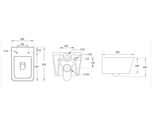 Teknisk ritning av en vägghängd toalett med mått