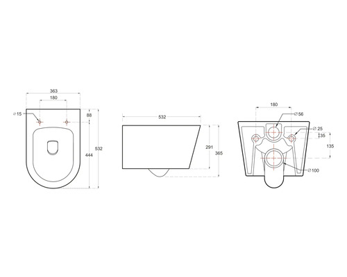 Teknisk ritning av en vägghängd toalett med mått