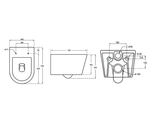 Teknisk ritning av en vägghängd toalett med mått