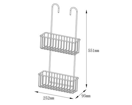 Duschhylla med två förvaringskorgar och krokar, mått 551 x 252 x 95 millimeter
