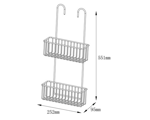 Bild av en duschhylla med två förvaringsytor och storleksangivelser.
