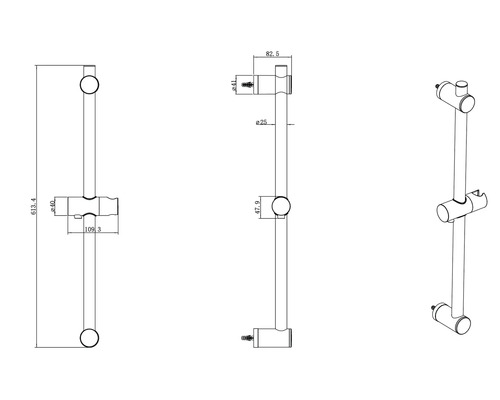 Teknisk ritning av en duschstång med mått