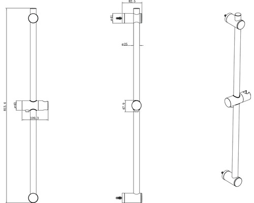 Teknisk ritning av en duschstång med måttangivelser