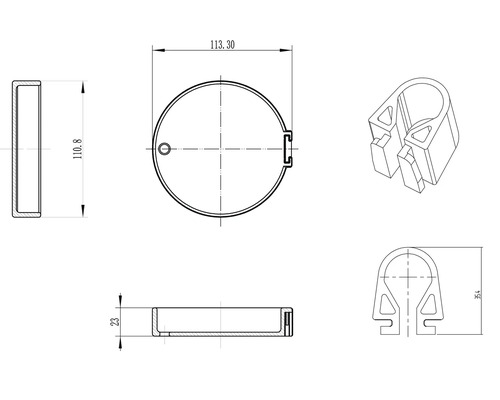Teknisk ritning av ett runt lock och ett rörfäste med måttangivelser