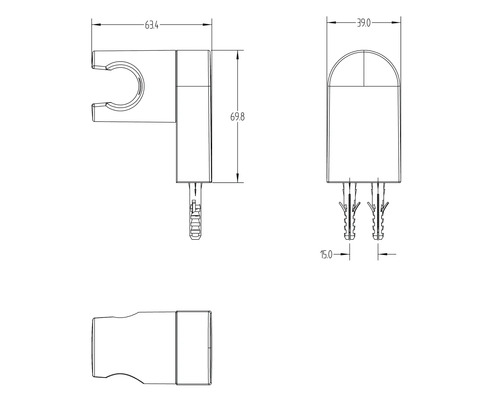 Teknisk ritning av ett duschfäste med måttangivelser