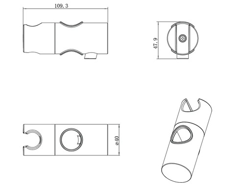 Teknisk ritning av ett duschstångsfäste med måttangivelser