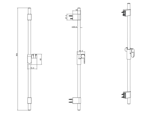 Teknisk ritning av en duschstång med mått