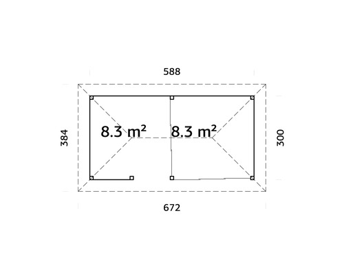 Planritning för ett trädgårdshus med måtten 672 x 384 centimeter