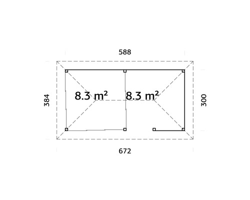 Planritning av ett trädgårdshus med uppgifter om yta i kvadratmeter och mått i centimeter.