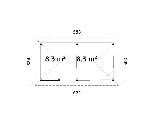 Planritning för ett trädgårdshus med måtten 384 gånger 672 centimeter och en yta på 8,3 kvadratmeter per rum