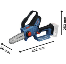 Bosch batteridriven motorsåg med måtten 402 mm längd, 96 mm bredd och 253 mm höjd.