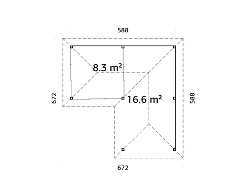 Ritning av ett trädgårdshus med måtten 588 x 672 centimeter och en yta på 16,6 kvadratmeter