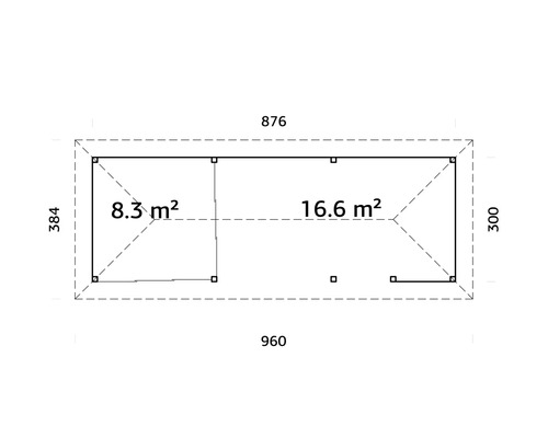 Planritning med dimensioner för ett trädgårdshus bestående av två rum med en yta på 8,3 och 16,6 kvadratmeter