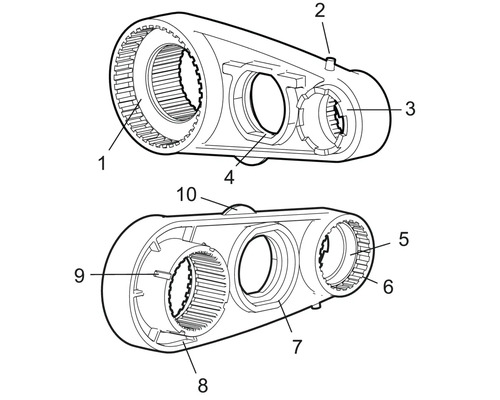 Teknisk ritning av en maskindetalj med olika öppningar och kugghjul