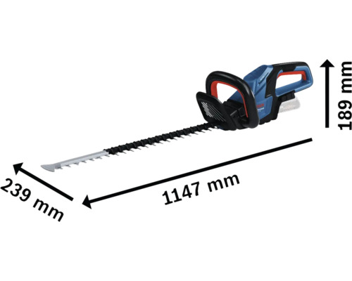 Bosch batteridriven häcksax med måtten 1147 mm längd, 239 mm bredd och 189 mm höjd.