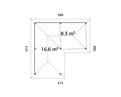 Ritning av ett trädgårdshus med måtten 672 gånger 672 och 588 gånger 588 centimeter samt ytorna 16.6 och 8.3 kvadratmeter
