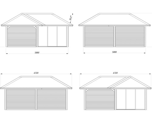 Teknisk ritning av ett trädgårdshus med mått.