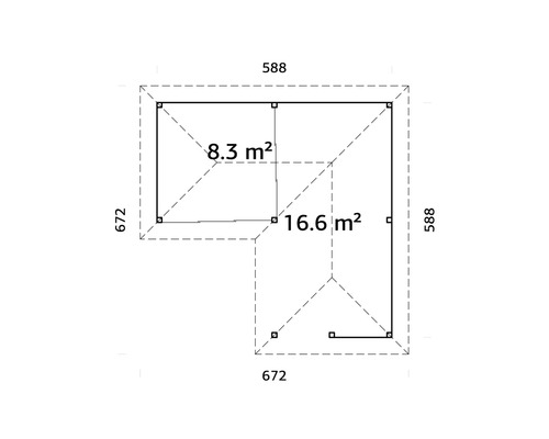 Planritning över ett trädgårdshus med måtten 588 gånger 672 centimeter och en yta på 16,6 kvadratmeter och 8,3 kvadratmeter