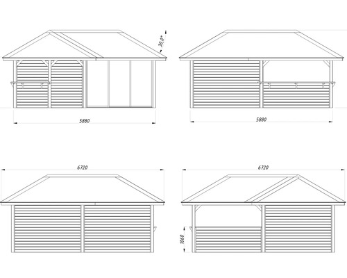 Teknisk ritning av ett lusthus med sidovy och mått
