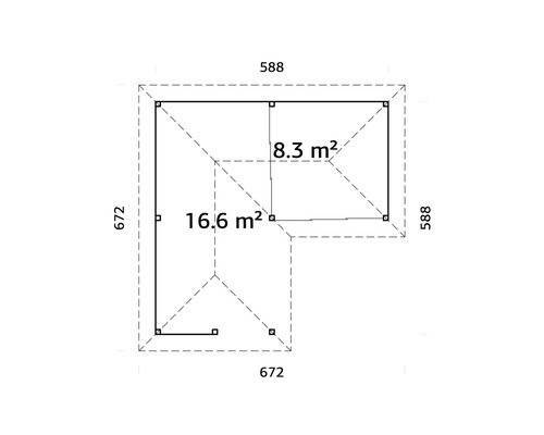 Planritning över ett trädgårdshus med måtten 588 gånger 672 centimeter och en yta på 16,6 kvadratmeter och 8,3 kvadratmeter