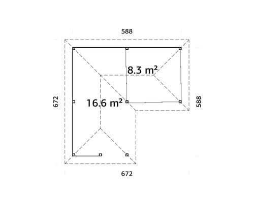 Planritning över ett trädgårdshus med måtten 588 x 672 centimeter och en yta på 16,6 kvadratmeter samt 8,3 kvadratmeter.