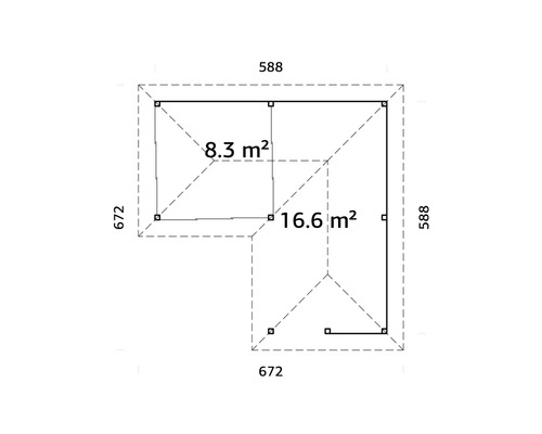 Ritning av ett trädgårdshus med måtten 588 x 672 centimeter och en yta på 16,6 kvadratmeter och 8,3 kvadratmeter.