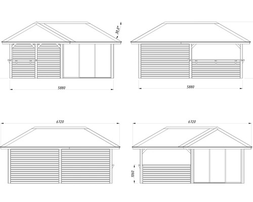 Teknisk ritning av ett trädgårdshus med mått