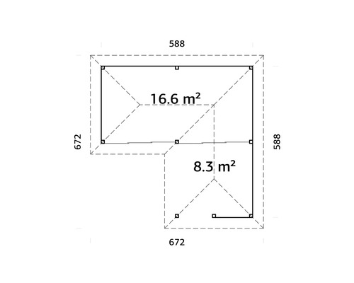 Ritning av ett trädgårdshus med måtten 588 x 672 centimeter och en yta på 16,6 kvadratmeter och 8,3 kvadratmeter