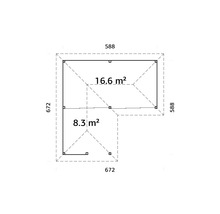 Planritning över ett trädgårdshus med måtten 672 gånger 588 centimeter och en yta på 16,6 kvadratmeter samt 8,3 kvadratmeter