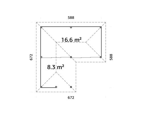 Planritning över ett trädgårdshus med måtten 672 gånger 588 centimeter och en yta på 16,6 kvadratmeter samt 8,3 kvadratmeter