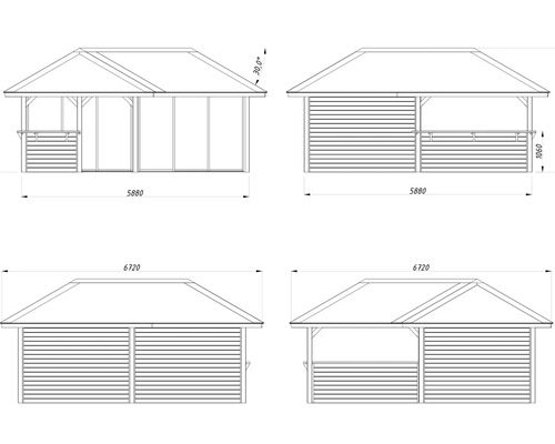 Ritning av ett lusthus med mått på sidovyerna