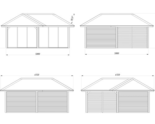Ritning av ett trädgårdshus med mått.