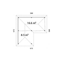 Planritning över ett trädgårdshus med måtten 672 gånger 672 och 588 gånger 588 centimeter och en yta på 8,3 och 16,6 kvadratmeter