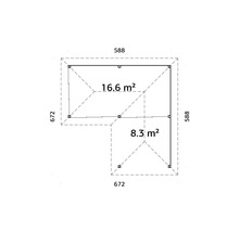 Planritning med mått och ytuppgifter 16,6 och 8,3 kvadratmeter