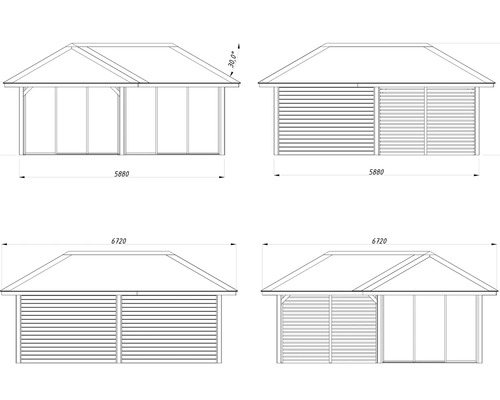 Teknisk ritning av ett trädgårdshus med mått