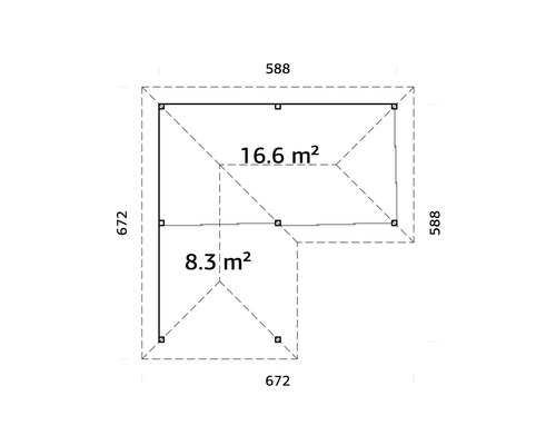 Planritning av ett trädgårdshus med måtten 672 x 672 och 588 x 588 centimeter