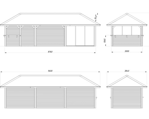 Teknisk ritning av en paviljong med sidovy, framifrån och mått